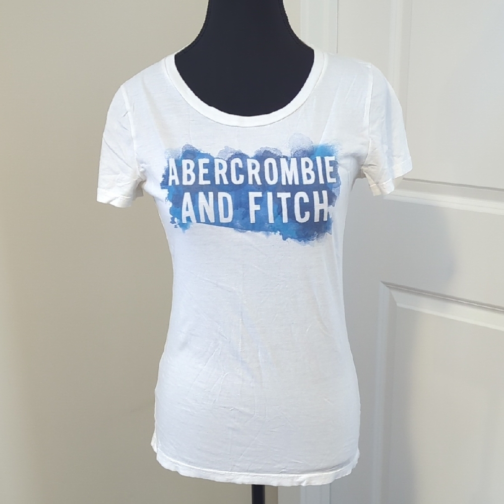 Abercrombie & Fitch | White T-shirt with Blue Logo, 100% Cotton, Y2K EUC, Medium